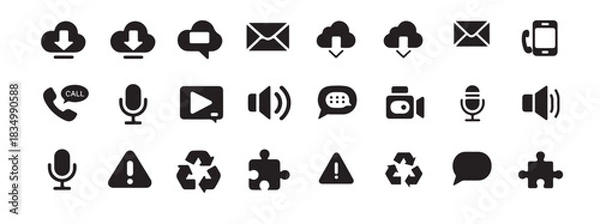 Fototapeta Universal black vector icons set. download, cloud, mail, phone, call, microphone, play, volume, chat, camera, puzzle, alert