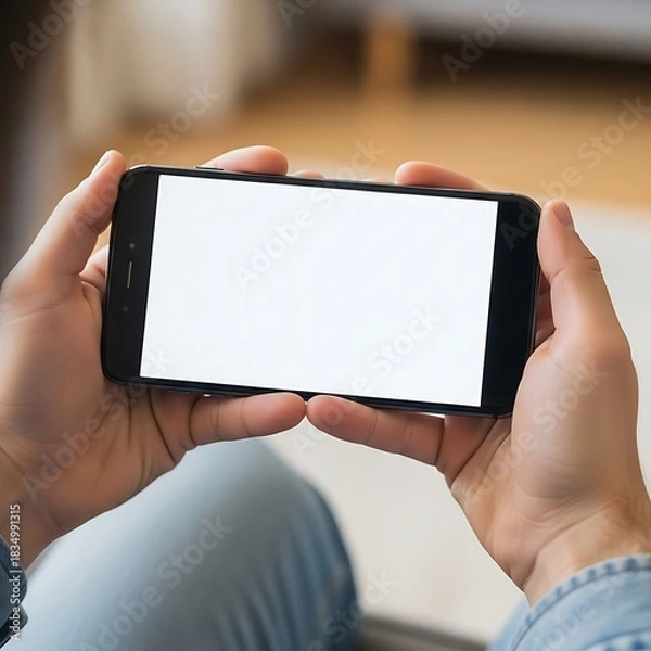 Fototapeta Hands holding a smartphone horizontally with a blank white screen.