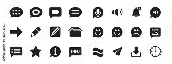Fototapeta Chat and user interface icons set. microphone, volume, bell, arrow, edit, inbox, smiley, sad, info, send, download, clock