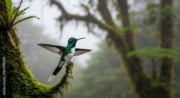 Fototapeta Green and white hummingbird perches on mossy branch in misty forest.