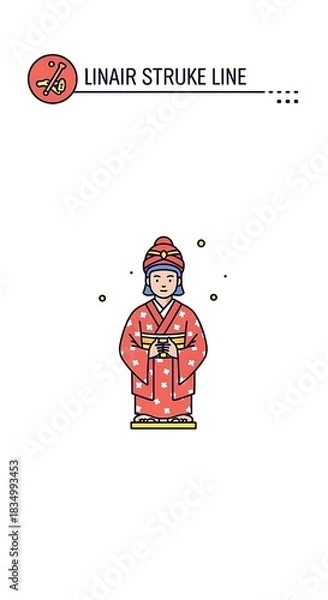 Fototapeta Person in traditional red kimono and headdress holds ceremonial cup.