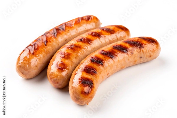 Fototapeta Three juicy grilled sausages with grill marks isolated on white background. Roasted bratwurst or barbecue meat for hot dog, picnic and fast food menu concepts.