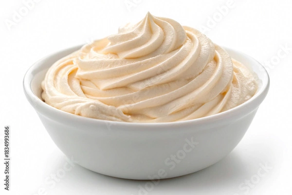 Fototapeta Delicious white whipped cream swirl in a bowl isolated on white background. Sweet vanilla mousse, yogurt or frosting texture for dessert topping and bakery concepts.