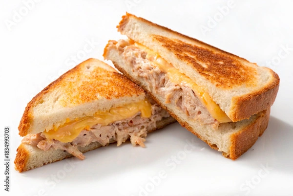 Fototapeta Delicious tuna melt sandwich with toasted bread and melted cheese cut in half. Grilled panini with fish salad filling isolated on white background for lunch menu.