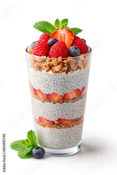 Fototapeta Healthy chia seed pudding with fresh strawberries, blueberries, granola and mint leaves in a glass. Layered superfood breakfast parfait for diet and vegan nutrition concepts.