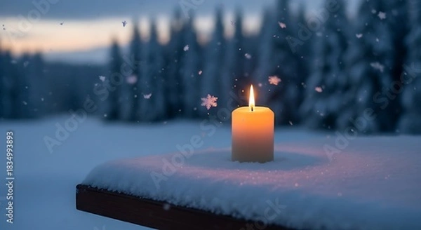 Fototapeta Single lit candle glows warmly amidst falling snow in a serene winter forest.