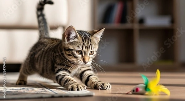 Fototapeta Tabby kitten pounces on toy mouse on sunlit floor.
