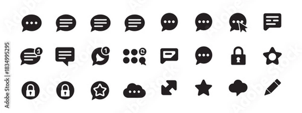 Fototapeta Chat and communication vector icons set. message, chat bubble, user group, lock, star, cloud, expand, pencil, text