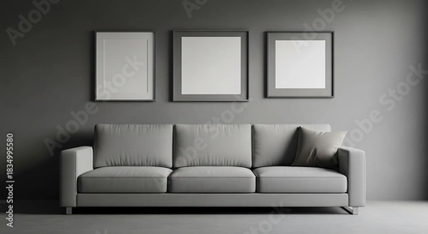 Fototapeta Minimalist living room with a grey sofa and empty picture frames.