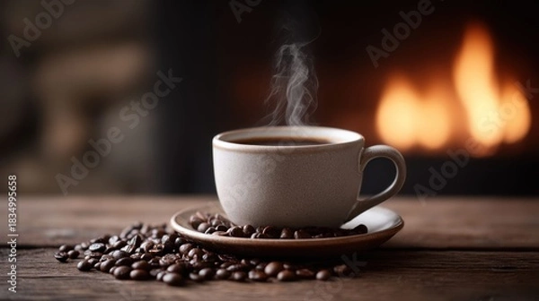 Fototapeta Steaming coffee in a mug with roasted beans on a wooden table near a fireplace