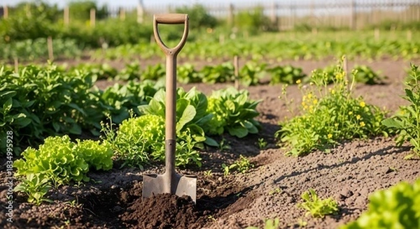Fototapeta Garden spade stands in rich soil amidst rows of leafy green vegetables.