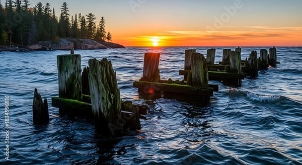 Fototapeta Old wooden pilings emerge from a wavy ocean at sunset.