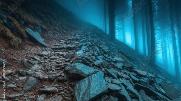 Fototapeta Misty Forest Path with Rocky Terrain and Blue Hues in a Dramatic Natural Landscape