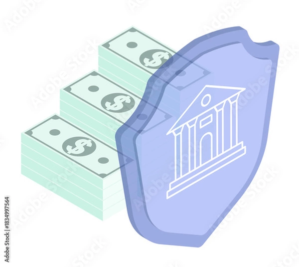 Fototapeta Isometric guaranteed protection of bank deposits from theft and inflation. Isolated cartoon vector concept on white background top view