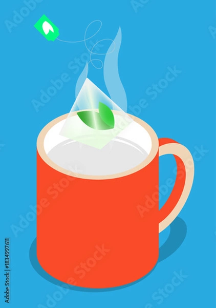 Fototapeta Isometric pyramid bag of aromatic herbal tea is dropped into a mug of hot water. Cartoon 3D vector concept isolated on blue background