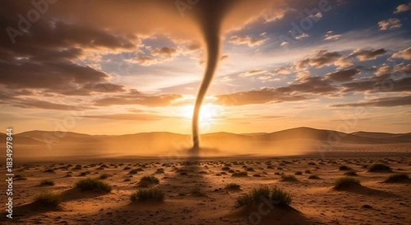 Fototapeta Dust devil swirls across a barren desert landscape at sunset.