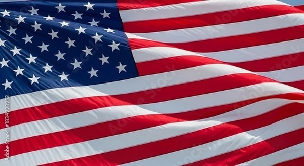 Fototapeta Waving national flag with stars and stripes blows in the wind.