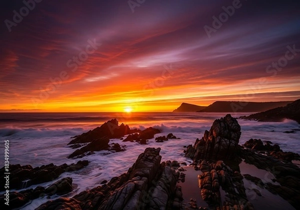 Obraz Vibrant sunset paints the sky over rocky ocean coastline with crashing waves.