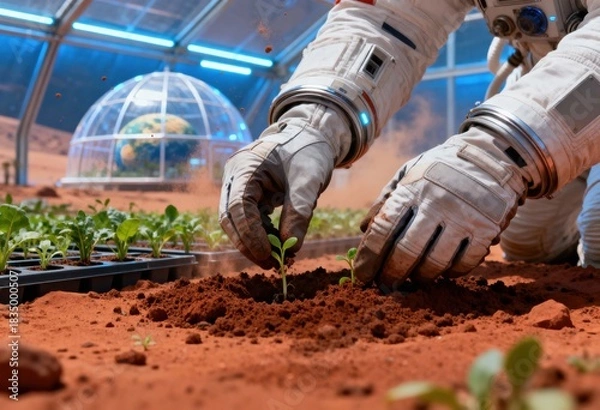 Fototapeta An astronaut in a spacesuit plants a delicate green seedling into red Martian soil within a futuristic, blue-lit biodome, pioneering extraterrestrial agriculture.