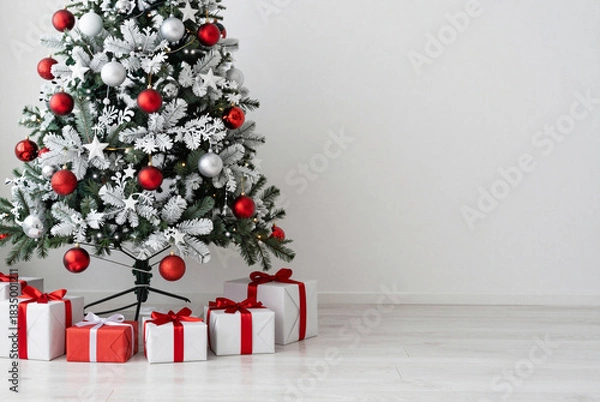 Fototapeta Christmas tree with presents under it in a room