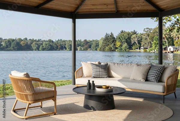 Fototapeta Patio with a couch, chair and table overlooking a lake.