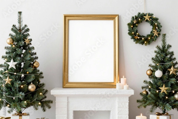 Fototapeta Fireplace mantle with two Christmas trees and a gold frame.
