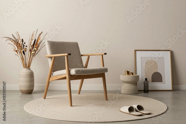 Fototapeta Chair sits on a round rug in a room.