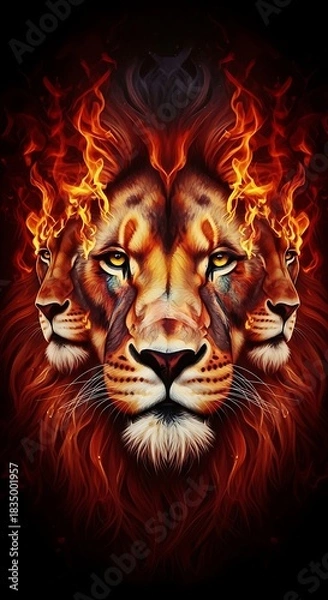 Obraz Fierce lion with fiery mane and multiple heads looks intimidating.