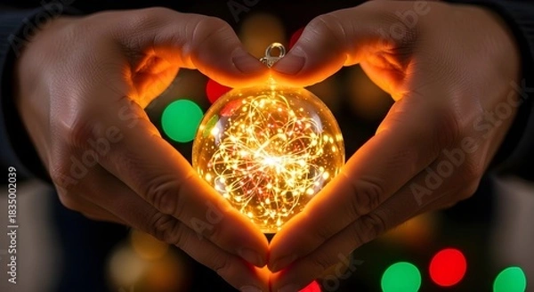 Fototapeta Hands forming a heart shape around a glowing Christmas ornament, creating a warm, festive scene.