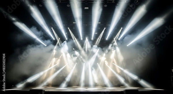 Obraz Stage lights create a dramatic scene with beams piercing smoke.