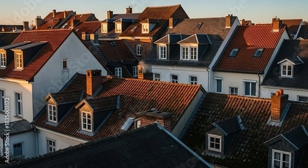 Obraz Rooftops of traditional houses illuminated by warm sunlight in a historic district.