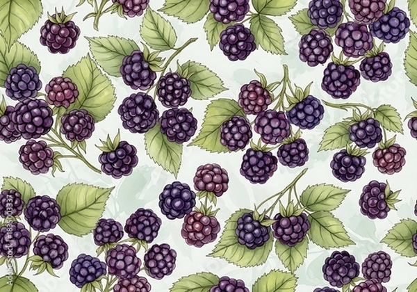 Obraz Ripe blackberries with green leaves adorn this seamless pattern.