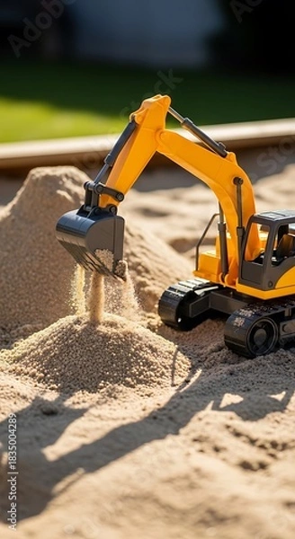 Obraz Toy excavator scoops sand in a sunny sandbox.