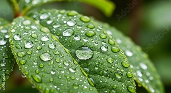 Obraz Fresh green leaf covered with many clear water droplets after rain.