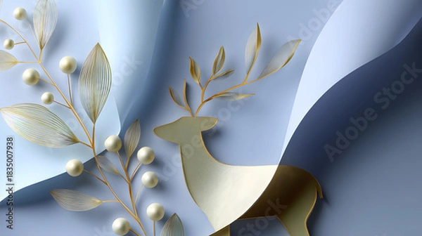 Fototapeta Abstract blue background with a gold deer silhouette, delicate branches, leaves, and white berries in a paper-collage style.