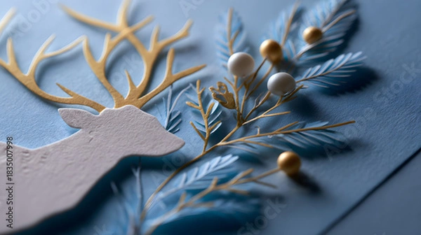 Fototapeta Blue holiday card featuring a white reindeer silhouette with gold accents and layered pine branches, berries, and needles on a textured blue background.