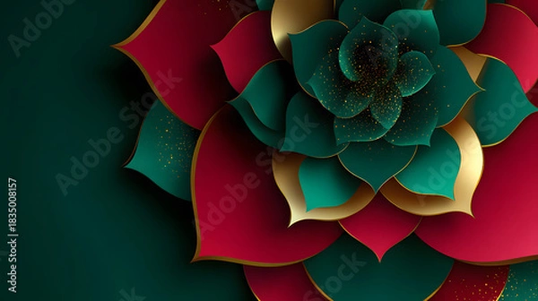 Fototapeta Close-up of a layered, multicolored paper flower with red, green, teal and gold petals on a dark background.
