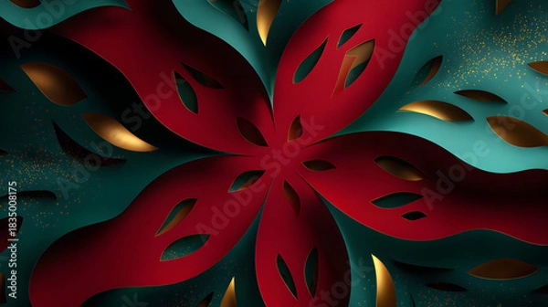 Fototapeta Abstract floral pattern with red petals on teal background and gold accents.