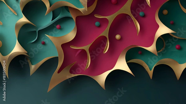 Fototapeta Abstract festive papercut design with gold-edged teal and pink shapes on a dark teal background.