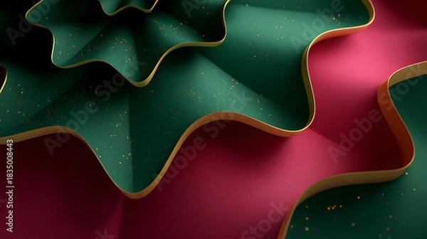 Fototapeta Close-up of layered green and red decorative paper with gold-edged folds and tiny specks.