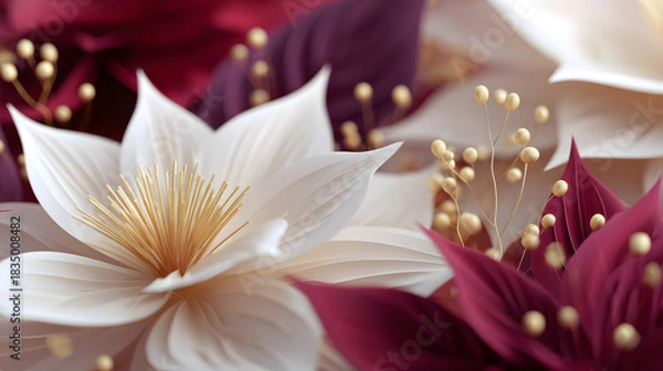 Fototapeta Close-up of white lotus-like blooms with golden stamens, set against burgundy petals in soft focus.