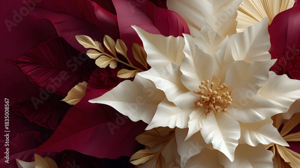 Fototapeta Close-up of a white and cream decorative paper flower against a burgundy background with gold leaves.