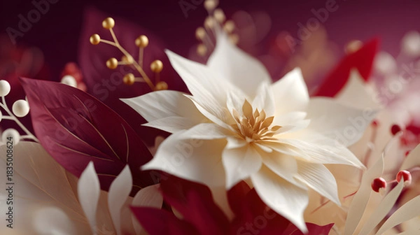 Fototapeta Close-up of a white, star-shaped flower with a golden center, set among burgundy leaves and red berries in a festive arrangement.