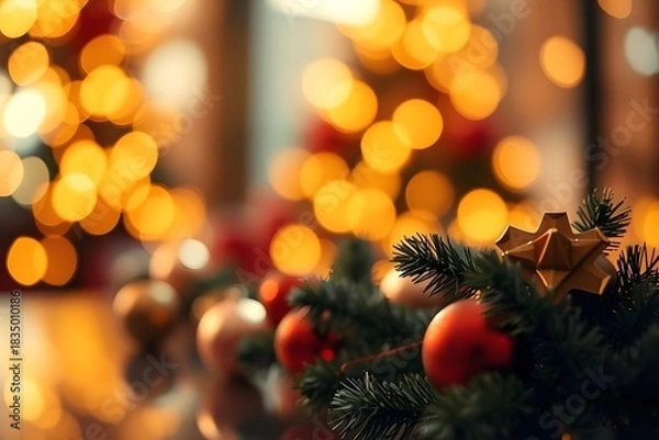 Fototapeta Close-up Christmas greenery and ornaments with golden bokeh tree lights in the background, evoking a warm, cozy holiday ambiance.