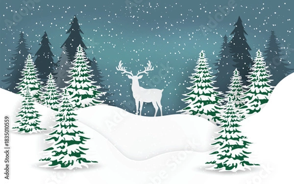 Fototapeta Craft style of Reindeer in pine forest with snowing Merry Christmas and Happy New Year