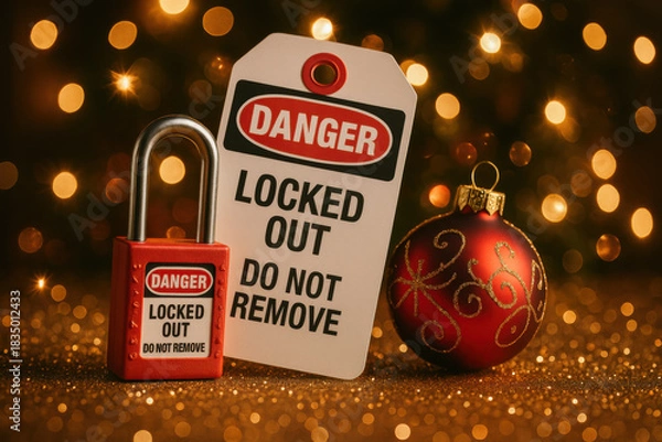 Obraz Festive industrial lockout tagout scene showing red safety padlock next to danger tag and Christmas ornament. holiday background has warm sparkle and lighting