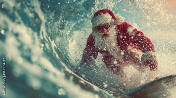 Fototapeta Santa Claus surfs a big wave in the ocean while wearing his full Christmas outfit under the bright sunlight