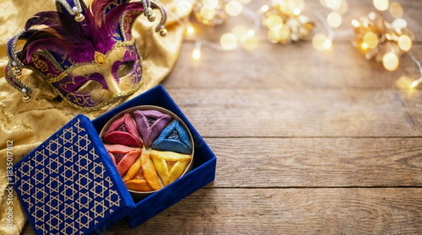 Obraz Purim holiday greeting card with carnival mask, blue gift box with gold Stars of David pattern and hamentashen cookies top view with space for text