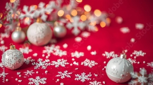Fototapeta Festive christmas ornaments and snowflakes on a red background with bokeh lights