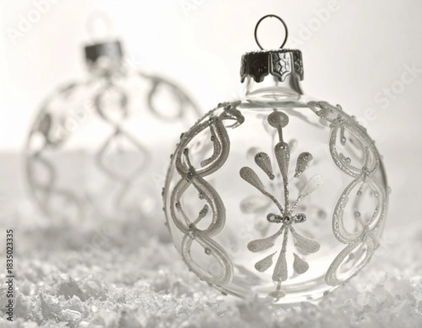 Obraz Close-up illustration of Christmas ornaments hanging on a festive tree branch. Shiny baubles, glittering decorations, and warm holiday lights create a cozy and cheerful Christmas atmosphere